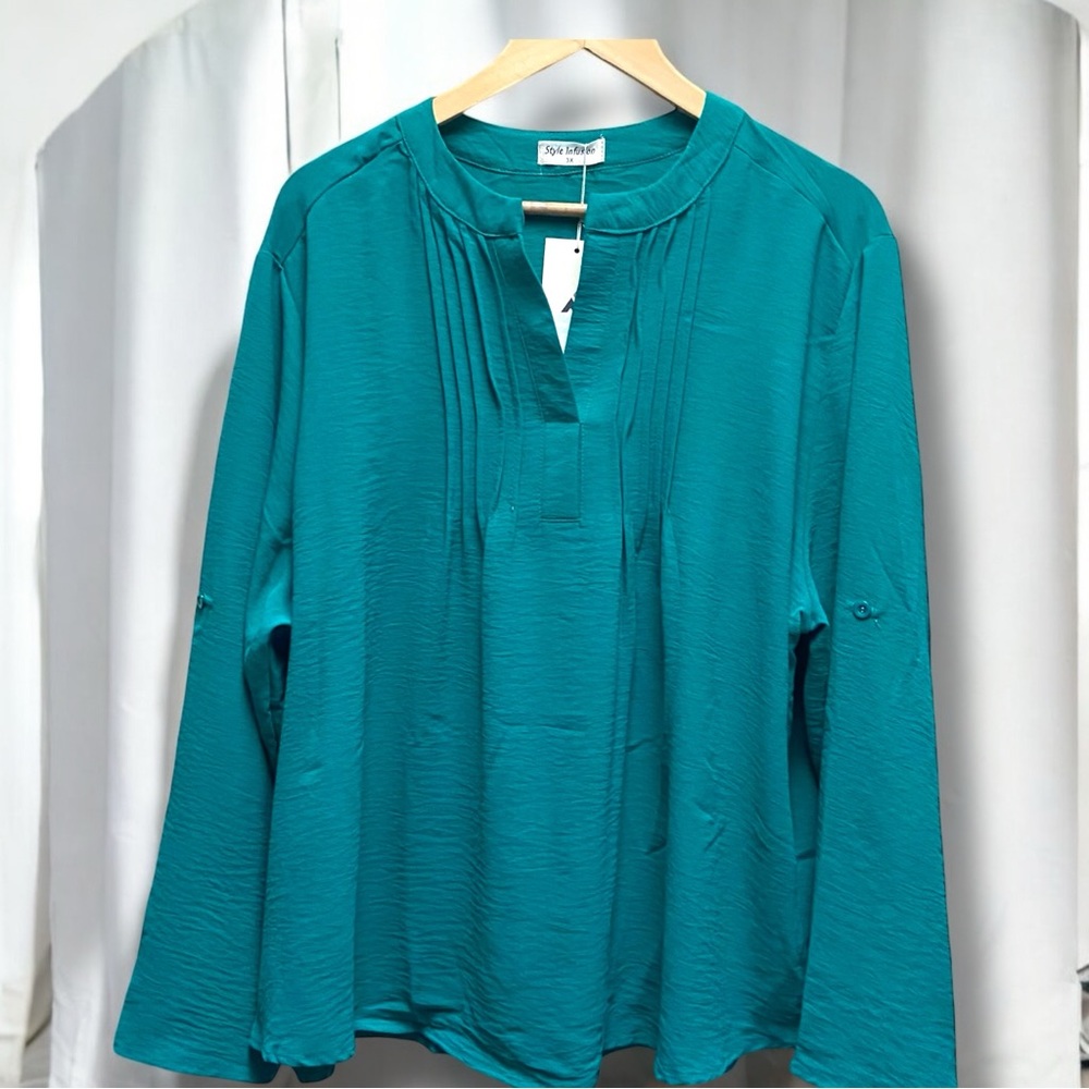 Style Infusion Women 3X Teal Pintuck Pleated Split Neck Roll Tab Sleeve Blouse
